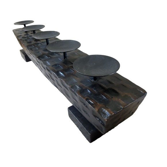 Wood Votive Candle Holder 5 Arm Handcrafted Rustic Candelabra Brutalism Decor - Picture 5 of 8